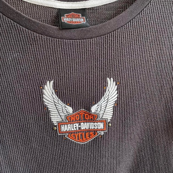 Vintage Harley Davidson Motorcycles Embroidered Thermal Shirt in Chocolate Brown - Picture 3 of 6
